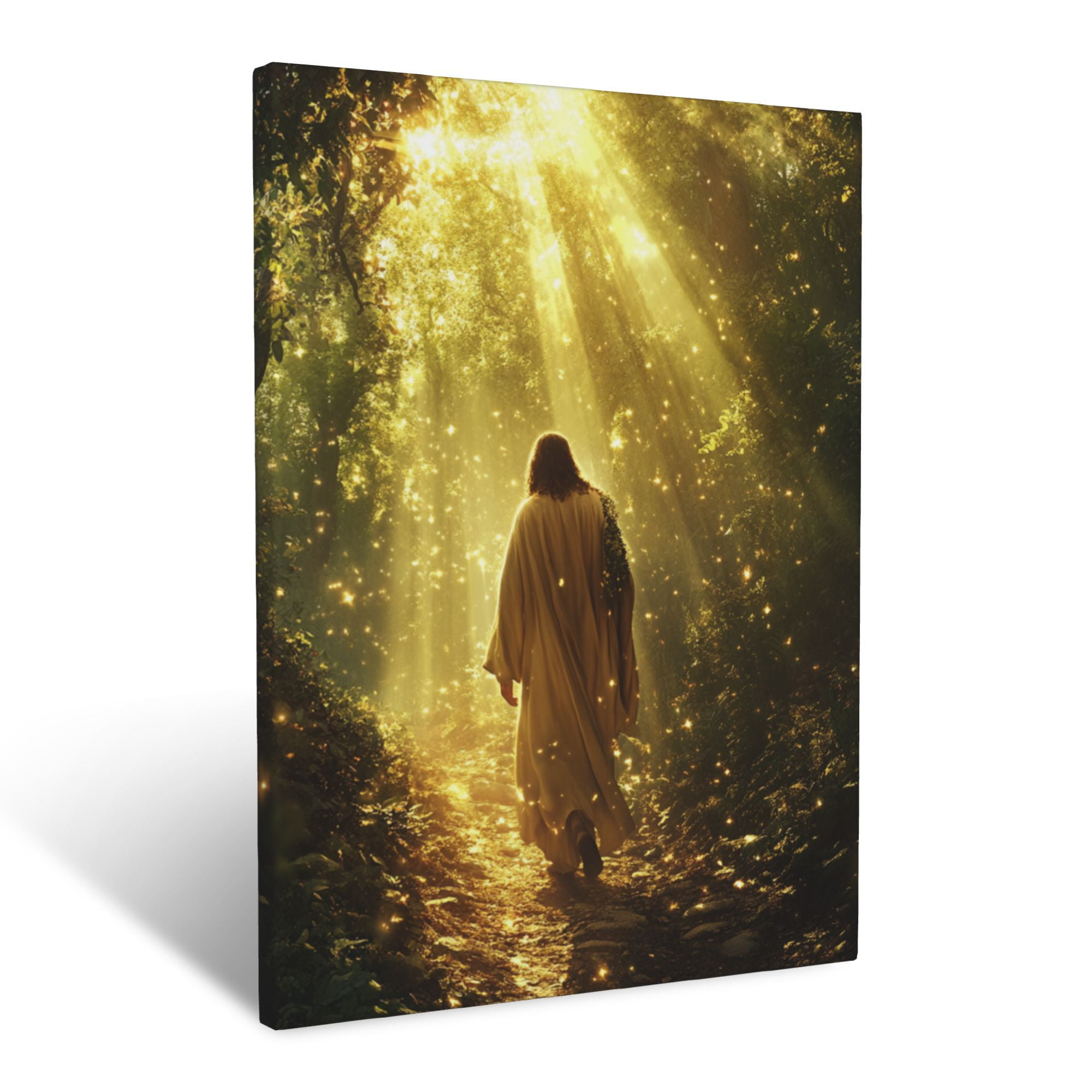 CozyNet Jesus Walking Through A Glowing Forest With Golden Beams Above ...