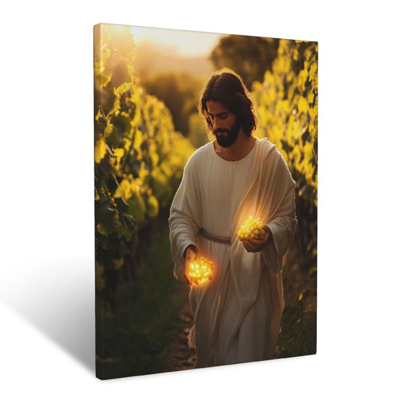 CozyNet Jesus Walking Through A Vineyard, Holding Glowing Grapes, Soft Sunlight Behind Wall Art Prints With Frame Canvas Perfect for Living Room & Bedroom, Ready to Hang, Wall Decor 16"x20"