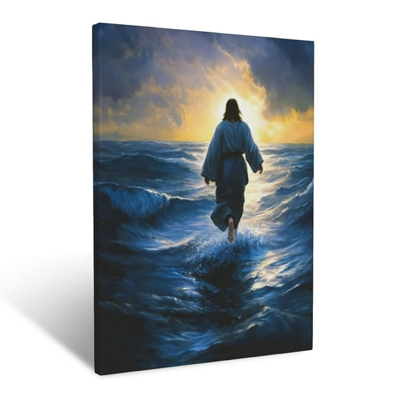 CozyNet Jesus Walking On Water, Glowing Softly Under A Tranquil Twilight Sky With Calm Waves Wall Art Prints With Frame Canvas Perfect for Living Room & Bedroom, Ready to Hang, Wall Decor 12"x16"