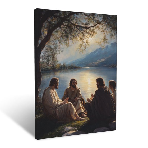 CozyNet Jesus With Disciples By The Lakeshore Glowing Softly, Sharing Wisdom In A Peaceful Moment Wall Art Prints With Frame Canvas Perfect for Living Room & Bedroom, Wall Decor 12"x16"