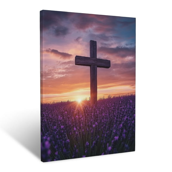 CozyNet Large Wooden Cross In A Field Of Lavender, Sunset Glowing Behind, Peaceful Scenery Wall Art Prints With Frame Canvas Perfect for Living Room & Bedroom, Ready to Hang, Wall Decor 12"x16"