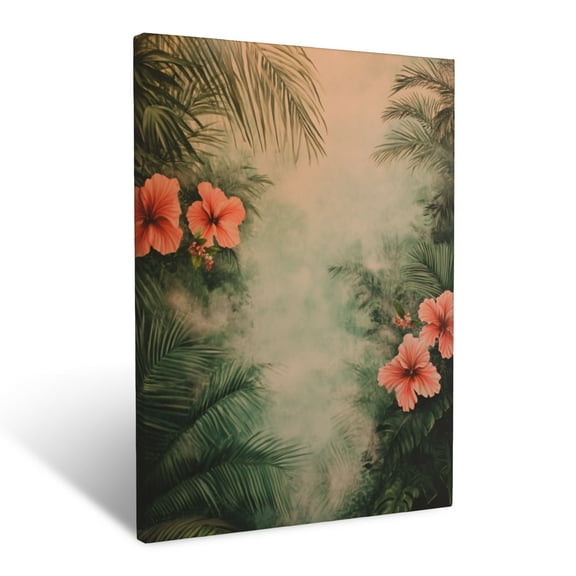 CozyNet Layered Tropical View Of Palm Fronds, Hibiscus Blooms And Softly Misted Greenery Wall Art Prints With Frame Canvas Perfect for Living Room & Bedroom, Ready to Hang, Wall Decor 12"x16"in