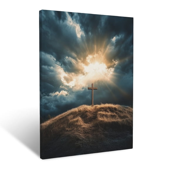 CozyNet Light Breaking Through Stormy Clouds, Illuminating A Solitary Wooden Cross On A Hill Wall Art Prints With Frame Canvas Perfect for Living Room & Bedroom, Ready to Hang, Wall Decor 12"x16"