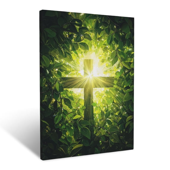 CozyNet Light Shining Through Forest Cross Divine Rays Illuminating Lush Green Leaves Wall Art Prints With Frame Canvas Perfect for Living Room & Bedroom, Ready to Hang, Wall Decor 12"x16"