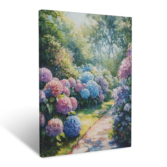 CozyNet Lush Hedge Of Vibrant Hydrangeas In Full Pastel Bloom Wall Art Prints With Frame Canvas Perfect for Living Room & Bedroom, Ready to Hang, Wall Decor 12"x16"in