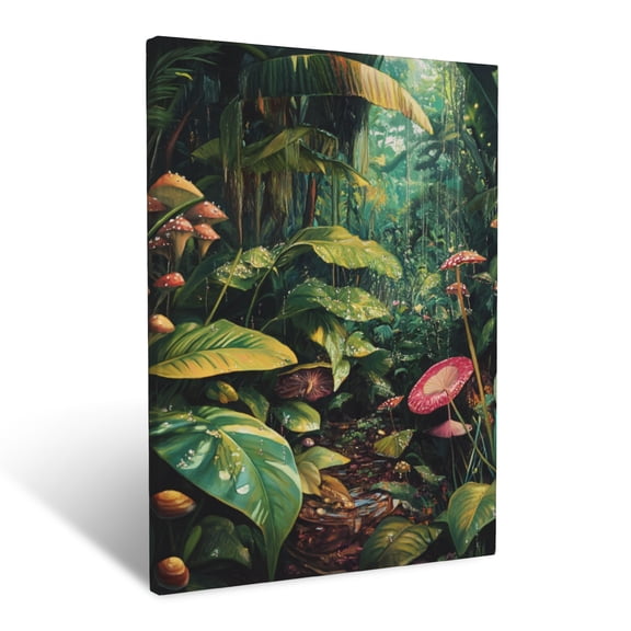 CozyNet Lush Rainforest Floor With Large Foliage, Colorful Fungi & Sparkling Dew Droplets Wall Art Prints With Frame Canvas Perfect for Living Room & Bedroom, Ready to Hang, Wall Decor 12"x16"in