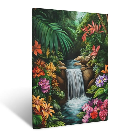 CozyNet Lush Rainforest Scene With Hidden Waterfall, Colorful Flowers & Verdant Foliage Wall Art Prints With Frame Canvas Perfect for Living Room & Bedroom, Ready to Hang, Wall Decor 12"x16"in