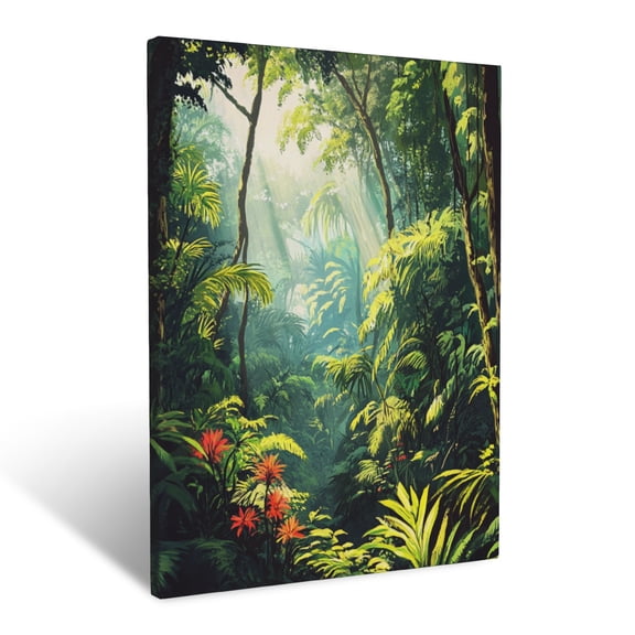 CozyNet Lush Rainforest Vista Filled With Towering Exotic Trees, Vines & Radiant Flora Wall Art Prints With Frame Canvas Perfect for Living Room & Bedroom, Ready to Hang, Wall Decor 16"x20"in