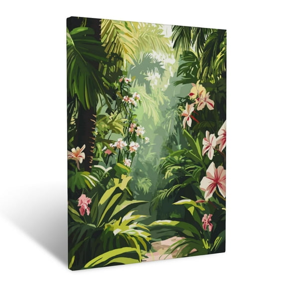 CozyNet Lush Tropical Rainforest Filled With Blooming Orchids And Wild Palms Wall Art Prints With Frame Canvas Perfect for Living Room & Bedroom, Ready to Hang, Wall Decor 16"x20"in