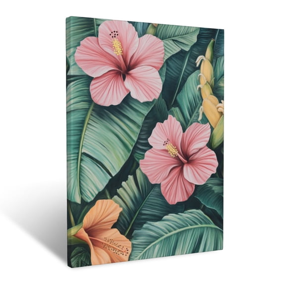 CozyNet Lush Tropical Scene With Hibiscus Flowers And Large Banana Leaves Wall Art Prints With Frame Canvas Perfect for Living Room & Bedroom, Ready to Hang, Wall Decor 12"x16"in