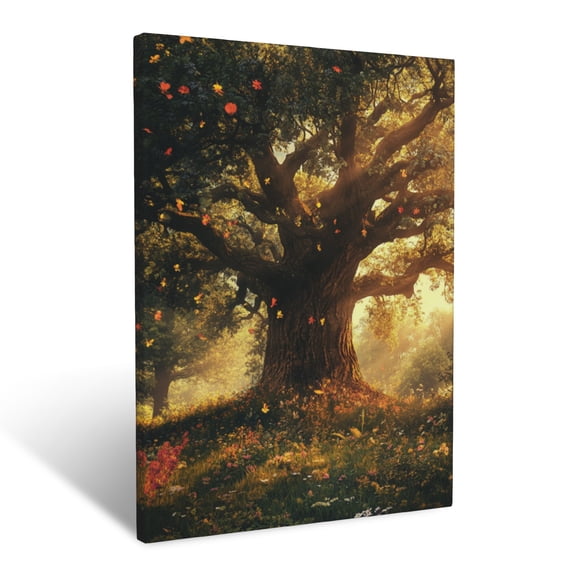 CozyNet Majestic Ancient Oak Tree Surrounded By Wild Botanical Wonders Wall Art Prints With Frame Canvas Perfect for Living Room & Bedroom, Ready to Hang, Wall Decor 12"x16"in