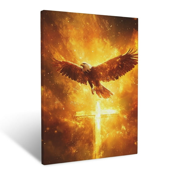 CozyNet Majestic Eagle Flying Over A Glowing Cross, Vibrant Sky With Shades Of Gold & Orange Wall Art Prints With Frame Canvas Perfect for Living Room & Bedroom, Ready to Hang, Wall Decor 12"x16"