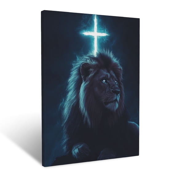 CozyNet A Majestic Lion With A Glowing Cross In The Background Wall Art Prints With Frame Canvas Perfect for Living Room & Bedroom, Ready to Hang, Wall Decor 12"x16"