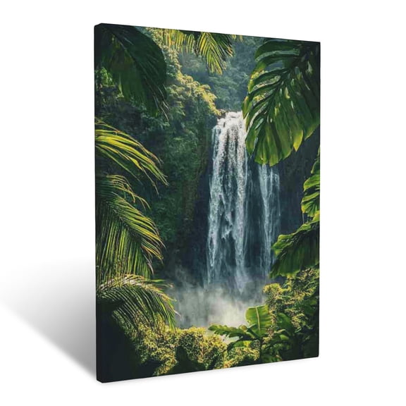 CozyNet Majestic Waterfall Framed By Lush Tropical Foliage Wall Art Prints With Frame Canvas Perfect for Living Room & Bedroom, Ready to Hang, Wall Decor 12"x16"in
