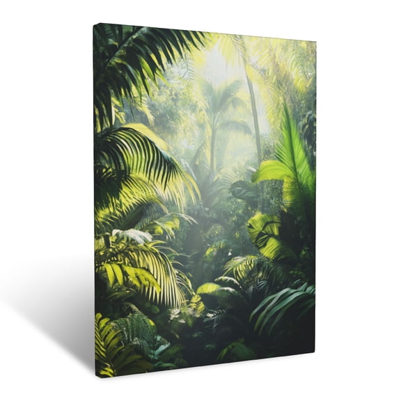 CozyNet Morning Scene With Gentle Sunlight Filtering Through Large Rainforest Plants Wall Art Prints With Frame Canvas Perfect for Living Room & Bedroom, Ready to Hang, Wall Decor 16"x20"in