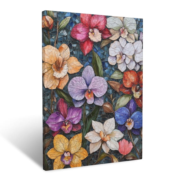 CozyNet Mosaic Of Hand Painted Floral Tiles Featuring Orchids & Magnolias Wall Art Prints With Frame Canvas Perfect for Living Room & Bedroom, Ready to Hang, Wall Decor 12"x16"in