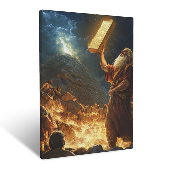 CozyNet Moses Receiving Tablets Mountaintop Glowing With Divine Presence & Laws Wall Art Prints With Frame Canvas Perfect for Living Room & Bedroom, Ready to Hang, Wall Decor 16"x20"