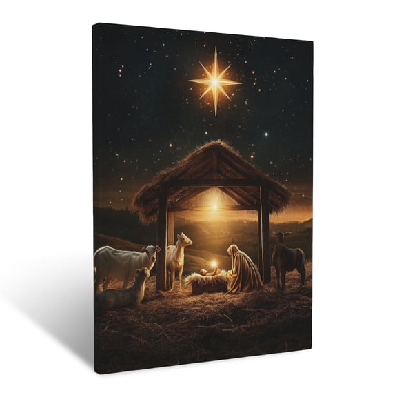 CozyNet The Nativity Scene Glowing Softly Under The Light Of The Bethlehem Star, With Animals Nearby Wall Art Prints With Frame Canvas Perfect for Living Room & Bedroom, Wall Decor 16"x20"