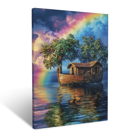 CozyNet Noah Ark Under Rainbow Peaceful Ark Floating On Calm Waters Of Promise Wall Art Prints With Frame Canvas Perfect for Living Room & Bedroom, Ready to Hang, Wall Decor 12"x16"