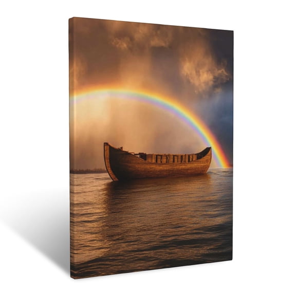 CozyNet NoahArk Afloat On Calm Seas Under A Double Rainbow Christian Hope & Covenant Wall Art Prints With Frame Canvas Perfect for Living Room & Bedroom, Ready to Hang, Wall Decor 16"x20"