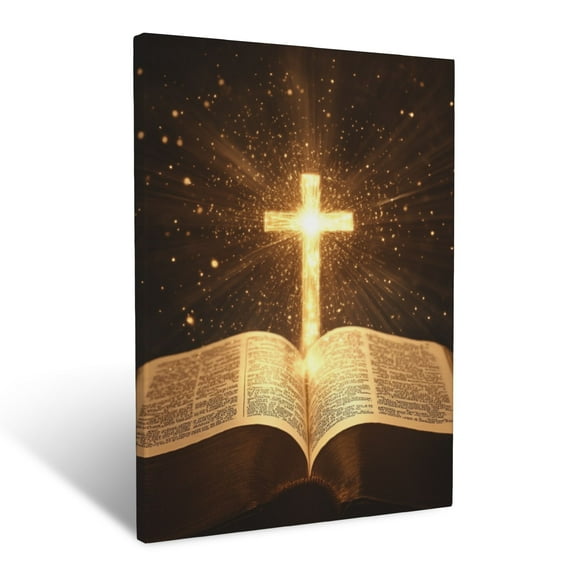 CozyNet Open Bible With A Glowing Cross Emerging, Rays Of Light Spreading Outward Wall Art Prints With Frame Canvas Perfect for Living Room & Bedroom, Ready to Hang, Wall Decor 12"x16"