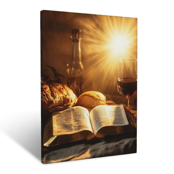CozyNet Open Bible Glowing With Radiant Light, Set On A Table With Bread & Wine Beside It Wall Art Prints With Frame Canvas Perfect for Living Room & Bedroom, Ready to Hang, Wall Decor 12"x16"