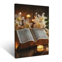 CozyNet Open Bible Glowing With Soft Candlelight On A Wooden Table Surrounded By Lilies Holy Guidance Wall Art Prints With Frame Canvas Perfect for Living Room & Bedroom, Wall Decor 12"x16"