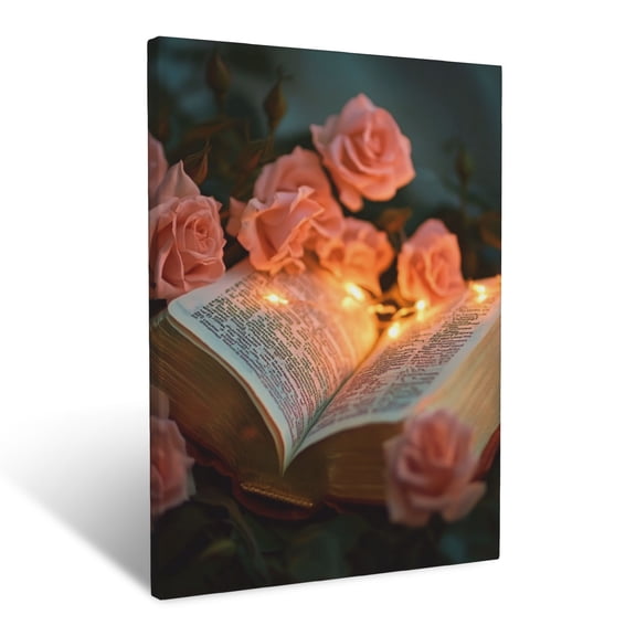 CozyNet Open Bible Glowing Softly With Golden Light Surrounded By Blooming Roses Source Of Divine Tru Wall Art Prints With Frame Canvas Perfect for Living Room & Bedroom, Wall Decor 12"x16"