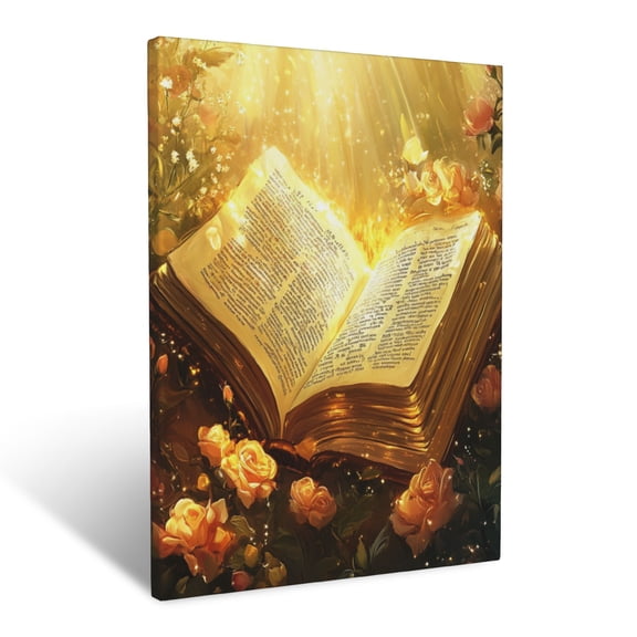CozyNet Open Bible Glowing Softly Surrounded By Golden Light And Blooming Roses Source Of Divine Wisd Wall Art Prints With Frame Canvas Perfect for Living Room & Bedroom, Wall Decor 12"x16"