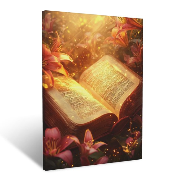 CozyNet Open Bible Glowing Softly Surrounded By Vibrant Lilies And Golden Light Streaming In Source O Wall Art Prints With Frame Canvas Perfect for Living Room & Bedroom, Wall Decor 12"x16"