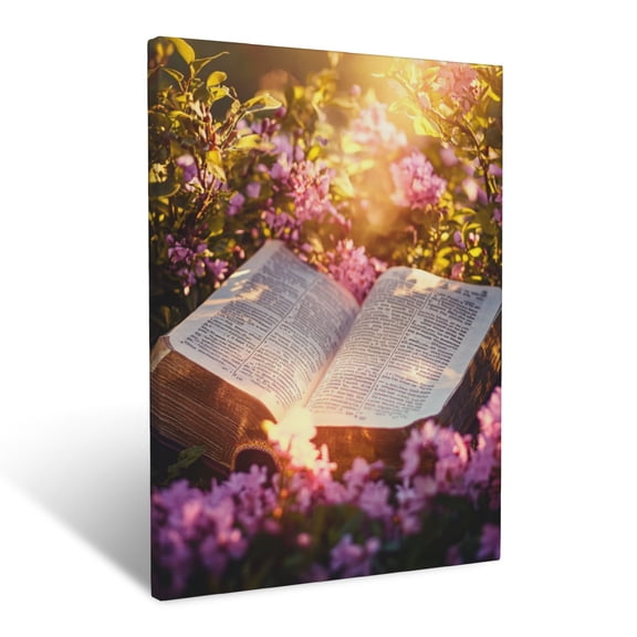 CozyNet Open Bible Glowing Softly With Vibrant Flowers Blooming Around It Under Sunlight Holy Truth Wall Art Prints With Frame Canvas Perfect for Living Room & Bedroom, Wall Decor 12"x16"