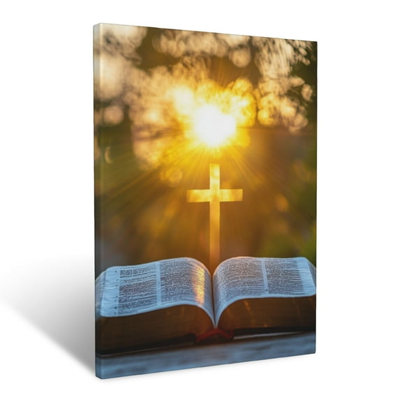 CozyNet Open Bible With A Radiant Cross Reflecting On Its Pages Under Golden Sunlight Divine Truth Wall Art Prints With Frame Canvas Perfect for Living Room & Bedroom, Wall Decor 12"x16"