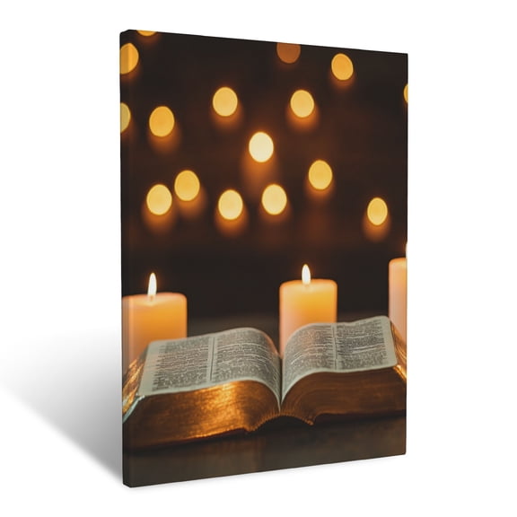CozyNet Open Bible Surrounded By Candles, Their Soft Glow Creating A Peaceful And Holy Scene Wall Art Prints With Frame Canvas Perfect for Living Room & Bedroom, Ready to Hang, Wall Decor 12"x16"