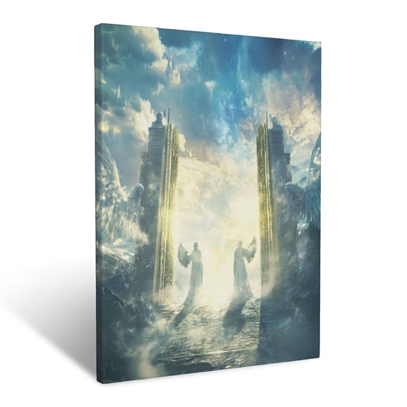 CozyNet Open Gates Of Heaven Glowing Softly, Angels Standing On Either Side With Gentle Smiles Wall Art Prints With Frame Canvas Perfect for Living Room & Bedroom, Ready to Hang, Wall Decor 12"x16"