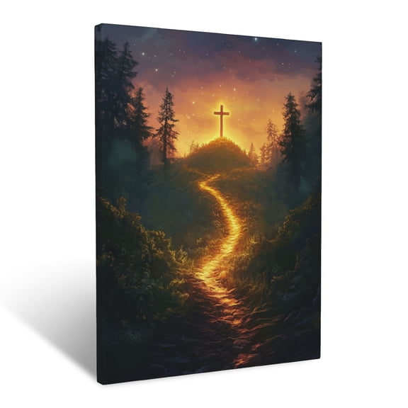 CozyNet Path Through A Glowing Forest Leading To A Cross Atop A Radiant Hill Journey Of Faith Wall Art Prints With Frame Canvas Perfect for Living Room & Bedroom, Ready to Hang, Wall Decor 16"x20"