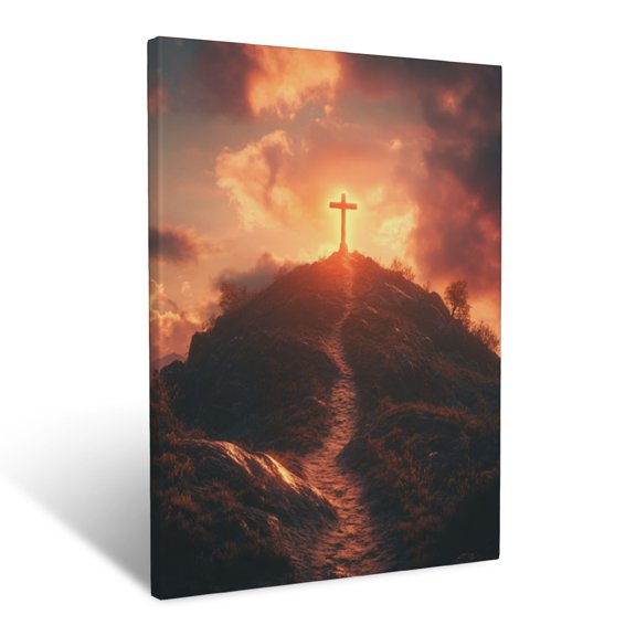 CozyNet Path Leading To A Glowing Cross Atop A Hill Surrounded By Radiant Sunrise Salvation Wall Art Prints With Frame Canvas Perfect for Living Room & Bedroom, Ready to Hang, Wall Decor 12"x16"