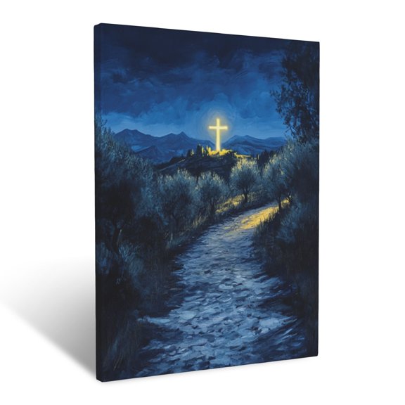 CozyNet Path Through Olive Grove Leading To Glowing Cross Under Twilight Skies Wall Art Prints With Frame Canvas Perfect for Living Room & Bedroom, Ready to Hang, Wall Decor 12"x16"