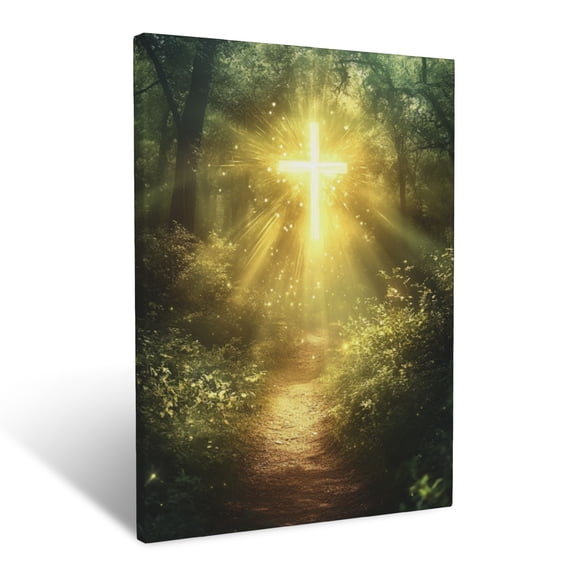CozyNet Path Through A Glowing Forest Leading To A Cross With Radiant Light Breaking Through Divine G Wall Art Prints With Frame Canvas Perfect for Living Room & Bedroom, Wall Decor 12"x16"