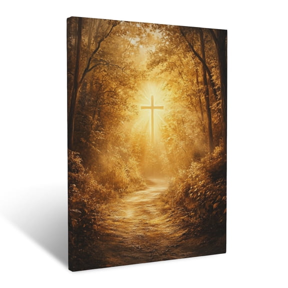 CozyNet Path Through Glowing Golden Forest Leading Toward Radiant Cross Under Soft Light Wall Art Prints With Frame Canvas Perfect for Living Room & Bedroom, Ready to Hang, Wall Decor 16"x20"