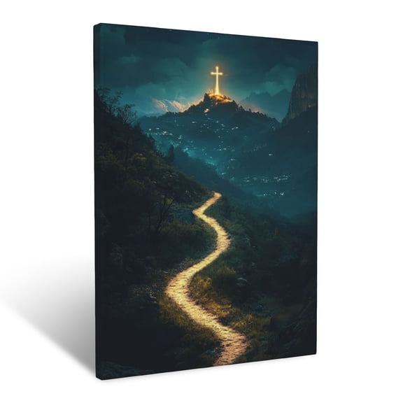 CozyNet Path Winding Through A Peaceful Valley Toward A Glowing Cross On A Hill Journey Of Faith Wall Art Prints With Frame Canvas Perfect for Living Room & Bedroom, Wall Decor 12"x16"