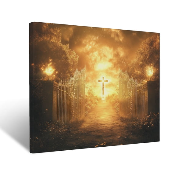 CozyNet Pathway To Heaven, Lined With Golden Gates And A Glowing Cross At The End Wall Art Prints With Frame Canvas Perfect for Living Room & Bedroom, Ready to Hang, Wall Decor 12"x16"
