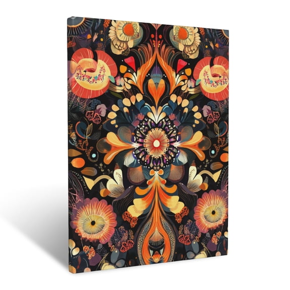 CozyNet Patterned Depiction Of Intricate Floral Forms Arranged With Balanced Symmetry Wall Art Prints With Frame Canvas Perfect for Living Room & Bedroom, Ready to Hang, Wall Decor 12"x16"in
