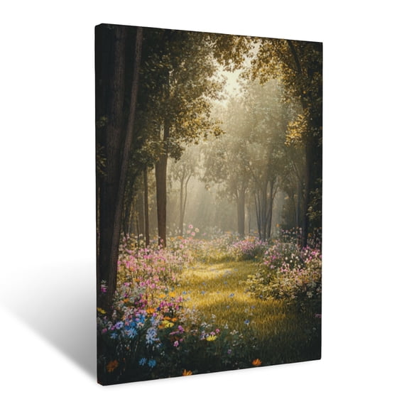 CozyNet Peaceful Forest Glade Adorned With Colorful Wildflowers And Softly Illuminated Trees Wall Art Prints With Frame Canvas Perfect for Living Room & Bedroom, Ready to Hang, Wall Decor 12"x16"in