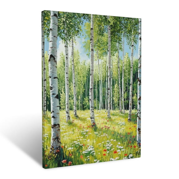 CozyNet Peaceful Grove Of Birch Trees With Wildflowers On The Forest Floor Wall Art Prints With Frame Canvas Perfect for Living Room & Bedroom, Ready to Hang, Wall Decor 12"x16"in