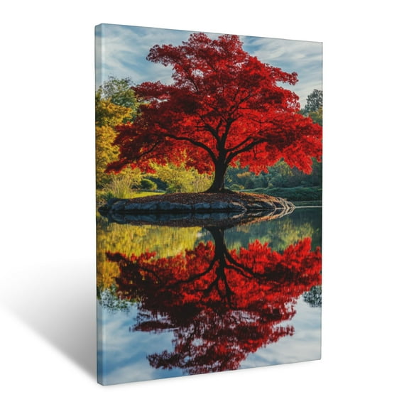 CozyNet Peaceful Japanese Maple Tree With Red Leaves Reflecting On A Still Water Surface Wall Art Prints With Frame Canvas Perfect for Living Room & Bedroom, Ready to Hang, Wall Decor 12"x16"in