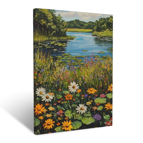 CozyNet Peaceful Lake View Surrounded By Vibrant Flowering Wetlands Wall Art Prints With Frame Canvas Perfect for Living Room & Bedroom, Ready to Hang, Wall Decor 12"x16"in