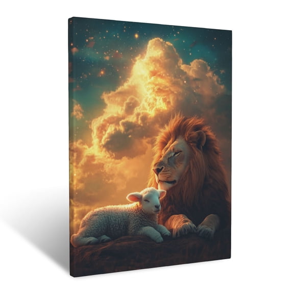 CozyNet A Peaceful Lamb Lying Next To A Lion Under A Glowing Heavenly Sky Wall Art Prints With Frame Canvas Perfect for Living Room & Bedroom, Ready to Hang, Wall Decor 12"x16"