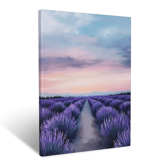 CozyNet Peaceful Lavender Field Stretching Toward The Horizon Under Soft Pastel Skies Wall Art Prints With Frame Canvas Perfect for Living Room & Bedroom, Ready to Hang, Wall Decor 12"x16"in