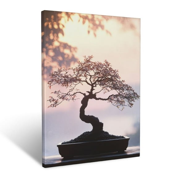 CozyNet Peaceful Scene Of A Bonsai Tree Silhouetted Against Softly Glowing Botanical Details Wall Art Prints With Frame Canvas Perfect for Living Room & Bedroom, Ready to Hang, Wall Decor 12"x16"in