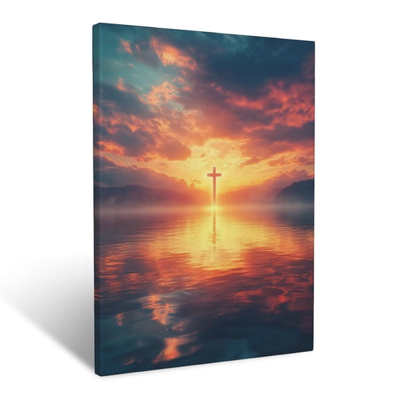 CozyNet Peaceful Shoreline With A Glowing Cross Reflected In The Water, Soft Sunset Hues Wall Art Prints With Frame Canvas Perfect for Living Room & Bedroom, Ready to Hang, Wall Decor 12"x16"